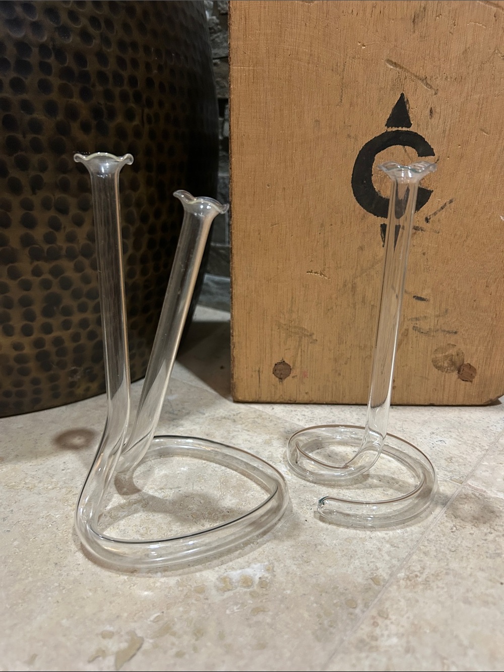 2 vintage hand-blown glass double cylinder twisted infinity tube bud vases